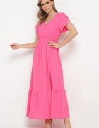 h&s Rochie Fucsia cu Elastice Subțiri în Talie Decorată cu nasturi cu Șliț și Volan Farcia