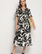 h&s Rochie Neagră din Viscoză cu croială tip cămașă cu cordon legat Uloanna