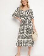 h&s Rochie Negru-Crem Viscoză Evazată cu Spatele Decupat cu Imprimeu Boho Turaisa
