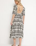h&s Rochie Negru-Crem Viscoză Evazată cu Spatele Decupat cu Imprimeu Boho Turaisa