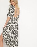 h&s Rochie Negru-Crem Viscoză Evazată cu Spatele Decupat cu Imprimeu Boho Turaisa