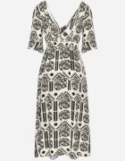 h&s Rochie Negru-Crem Viscoză Evazată cu Spatele Decupat cu Imprimeu Boho Turaisa
