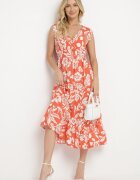 h&s Rochie Portocalie Cloș din Viscoză cu Imprimeu Floral și Elastic în Talie Eranea