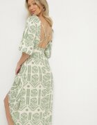 h&s Rochie Verde-Crem Viscoză Cloș cu Spatele Decupat cu Imprimeu Boho Turaisa