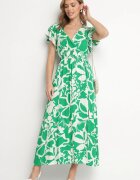 h&s Rochie Verde din Viscoză cu Decolteu Petrecut cu Imprimeu Abstract Taslevi