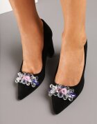 haver Pantofi cu toc Negru-Argintiu cu toc gros cu vârf ascuțit și cristale decorative Halenti
