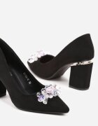 haver Pantofi cu toc Negru-Argintiu cu toc gros cu vârf ascuțit și cristale decorative Halenti