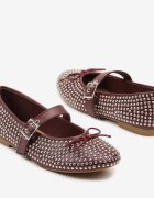 ideal Balerini Bordeaux Tip Mary Jane cu Zirconii și Fundă Luriellea