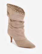 ideal Botine cu toc subțire din piele întoarsă ecologică cu carâmb fronsat și șnur decorativ Simia Bej închis