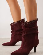 ideal Botine cu toc subțire din piele întoarsă ecologică cu carâmb fronsat și șnur decorativ Simia Bordo