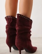 ideal Botine cu toc subțire din piele întoarsă ecologică cu carâmb fronsat și șnur decorativ Simia Bordo