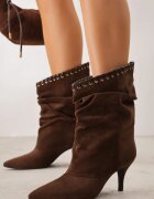 ideal Botine cu toc subțire din piele întoarsă ecologică cu carâmb fronsat și șnur decorativ Simia Maro
