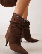 ideal Botine cu toc subțire din piele întoarsă ecologică cu carâmb fronsat și șnur decorativ Simia Maro