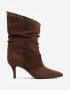 ideal Botine cu toc subțire din piele întoarsă ecologică cu carâmb fronsat și șnur decorativ Simia Maro