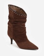 ideal Botine cu toc subțire din piele întoarsă ecologică cu carâmb fronsat și șnur decorativ Simia Maro