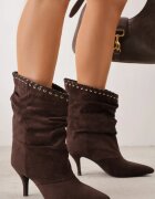 ideal Botine cu toc subțire din piele întoarsă ecologică cu carâmb fronsat și șnur decorativ Simia Maro