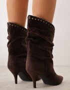 ideal Botine cu toc subțire din piele întoarsă ecologică cu carâmb fronsat și șnur decorativ Simia Maro