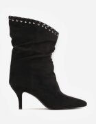 ideal Botine cu toc subțire din piele întoarsă ecologică cu carâmb fronsat și șnur decorativ Simia Negre