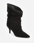ideal Botine cu toc subțire din piele întoarsă ecologică cu carâmb fronsat și șnur decorativ Simia Negre