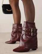 ideal Ghete Bordeaux Tip Cowboy cu Toc cu Manșetă Răsfrântă și Catarame Cidvire