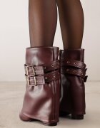 ideal Ghete Bordeaux Tip Cowboy cu Toc cu Manșetă Răsfrântă și Catarame Cidvire