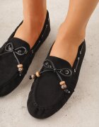 ideal Mocasini Negri cu Cusături Decorative cu Mărgele și Fundă Mountainthorne