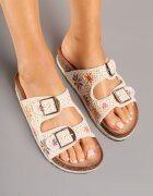 ideal Papuci Bej cu talpă groasă în trepte cu împletitură și model floral Wioleira