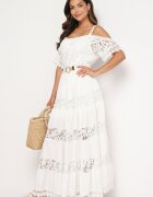italy moda Rochie Albă Cloș Din viscoză Cu bretele Cu dantelă Lerika