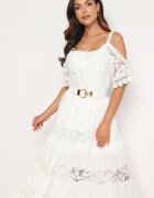 italy moda Rochie Albă Cloș Din viscoză Cu bretele Cu dantelă Lerika