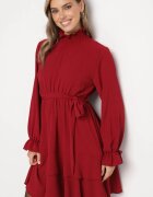 j studio Rochie Bordeaux cu Volane și Guler Rulat Încrețit cu Centură Suplimentară Legată Savelina