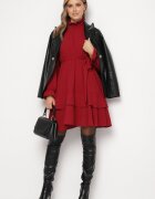 j studio Rochie Bordeaux cu Volane și Guler Rulat Încrețit cu Centură Suplimentară Legată Savelina