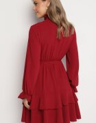j studio Rochie Bordeaux cu Volane și Guler Rulat Încrețit cu Centură Suplimentară Legată Savelina