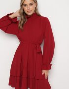 j studio Rochie Bordeaux cu Volane și Guler Rulat Încrețit cu Centură Suplimentară Legată Savelina