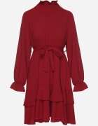 j studio Rochie Bordeaux cu Volane și Guler Rulat Încrețit cu Centură Suplimentară Legată Savelina