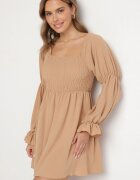 j studio Rochie Evazată Bej cu top elastic și Volane la mâneci Saviella