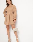 j studio Rochie Evazată Bej cu top elastic și Volane la mâneci Saviella