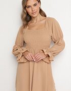 j studio Rochie Evazată Bej cu top elastic și Volane la mâneci Saviella