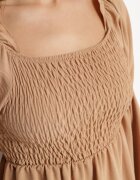 j studio Rochie Evazată Bej cu top elastic și Volane la mâneci Saviella