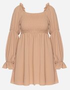 j studio Rochie Evazată Bej cu top elastic și Volane la mâneci Saviella