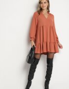 j studio Rochie Lejeră Mini Portocalie cu Volan și Manșete la Mâneci Vertecja
