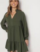 j studio Rochie Mini Verde Lejeră cu Volan și Manșete la Mâneci Vertecja