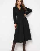 j studio Rochie Neagră Evazată Midi cu Decolteu Petrecut și Elastic în Talie Ametis