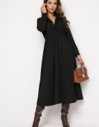 j studio Rochie Neagră Evazată Midi cu Decolteu Petrecut și Elastic în Talie Ametis