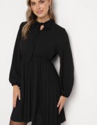 j studio Rochie Neagră Plisată cu Legătură Decorativă și Elastic în Talie Melondria