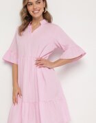 j studio Rochie Roz Evazată cu Viscoză Decorată cu Volane Eviriane