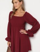 j studio Rochie Rozkloszowana Bordo cu Bust Elastic și Volane la Mâneci Saviella