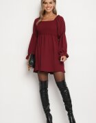 j studio Rochie Rozkloszowana Bordo cu Bust Elastic și Volane la Mâneci Saviella