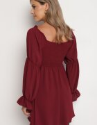 j studio Rochie Rozkloszowana Bordo cu Bust Elastic și Volane la Mâneci Saviella