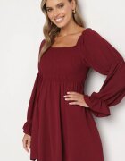 j studio Rochie Rozkloszowana Bordo cu Bust Elastic și Volane la Mâneci Saviella