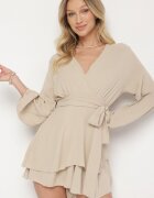 j studio Rochie-salopetă bej tip plic mini cu volan Bomina